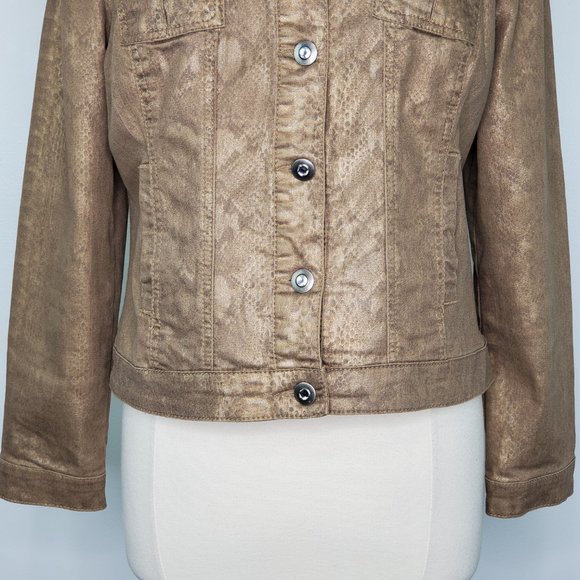Dressbarn Brown Gold Snakeskin Print Stretchy Bling Buttons Jean Style Jacket M - Picture 4 of 15